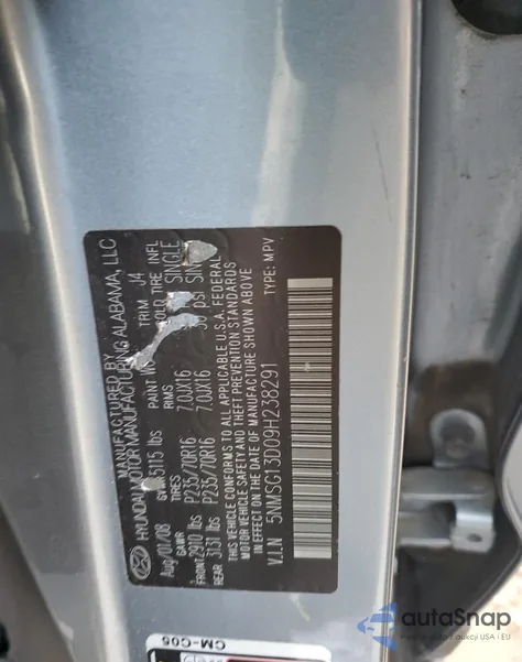 2009 Hyundai Santa Fe Gls из США, поврежденный, VIN 5NMSG13D09H238291